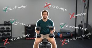 Image of PT Matt sitting at bench with text all around him, outlining health goals for the day.