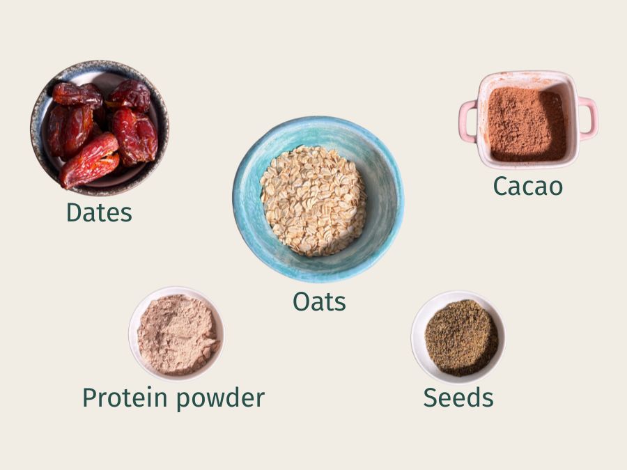Canva created image of main bliss ball ingredients.